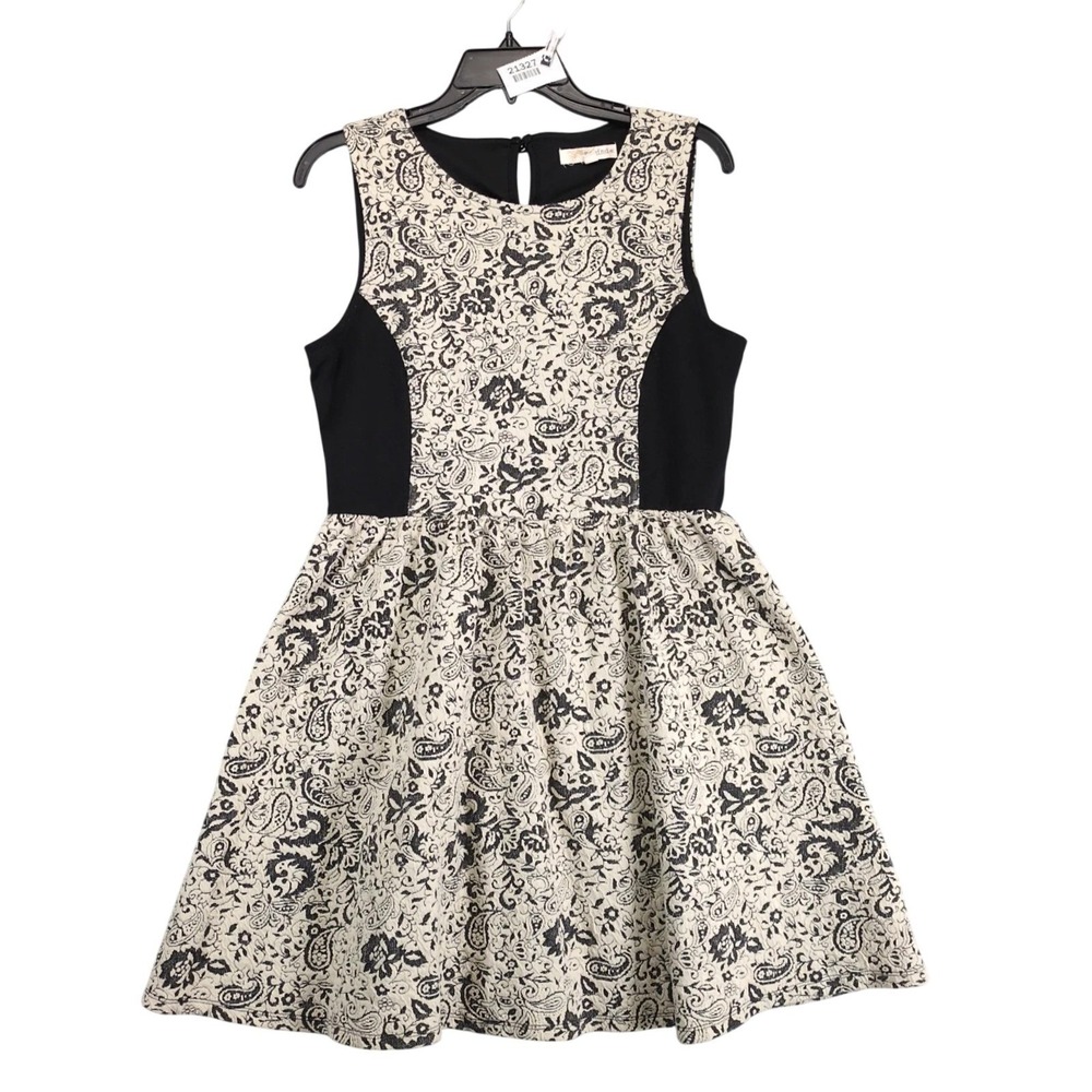 Rewind Jacquard Dress Sz L Black Beige Sleeveless Fit Flare Stretch Whimsigoth